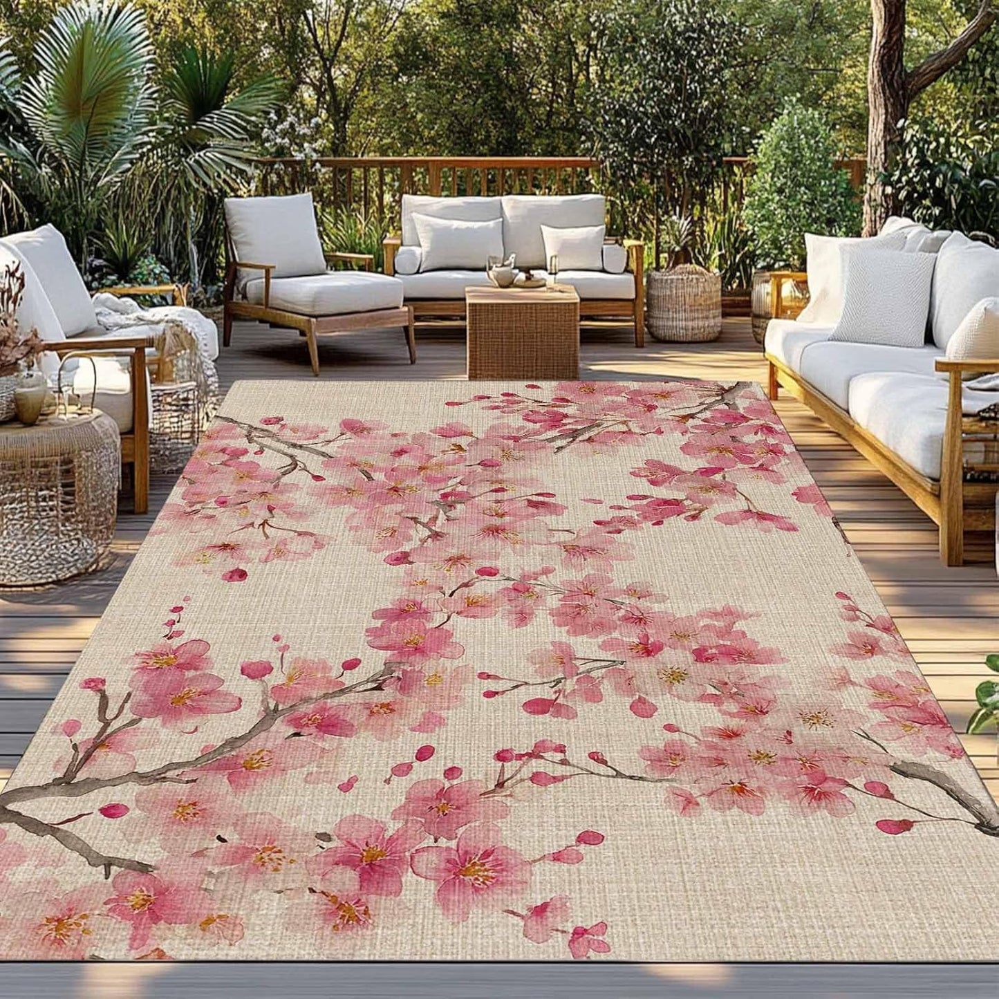 Outdoor Rug 6' x 9', Peaches Branches Large Area Rugs for Patio/RV/Deck/Porch, Farmhouse Spring Botanical Pink Flowers Water Absorption Camping Rug Carpet, Lightweight Washable Rug Runners