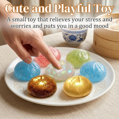 Dumpling Stress Balls Squishy Toys, Colorful Dumplings with Mystery Box, Colorful Dumpling Stress Balls Fidget with Steamer Box, Soft Squeeze Decompression Dough Party Gift (Glitter Pink)