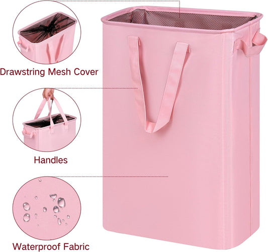 efluky Slim Laundry Basket, Narrow Laundry Hamper with Handles, Collapsible Dirty Clothes Hamper, Tall Laundry Bin for Laundry Room, Dorm and Bedroom, 12.7 Gallons(48L) Pink