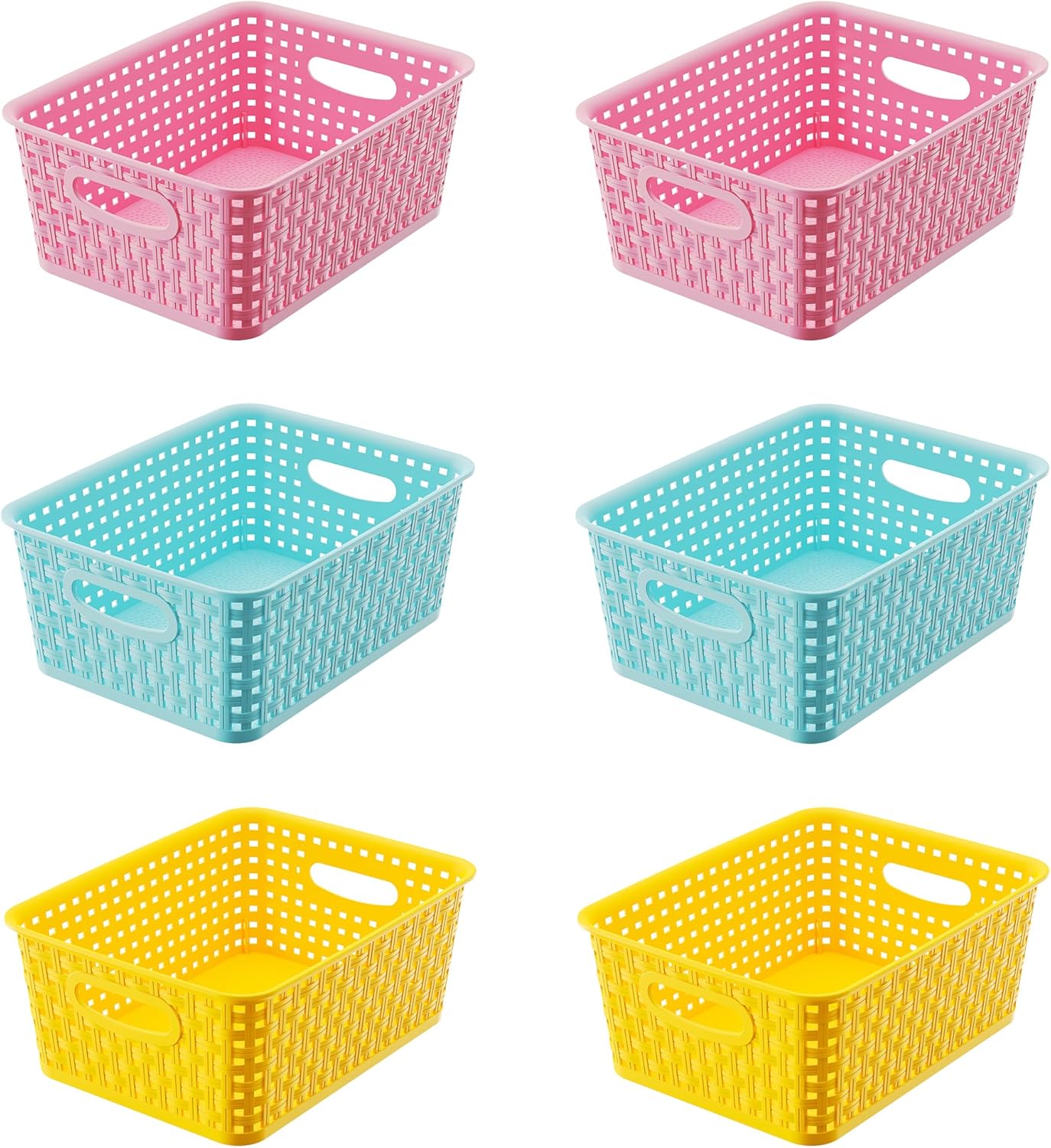 Colorful Small Plastic Storage Woven Baskets, 6 Pack Versatile Shelf Organizer Weave Baskets for Classrooms, Children's Rooms & Pantries, Pink/Yellow/Blue-10x7.5x4 inch