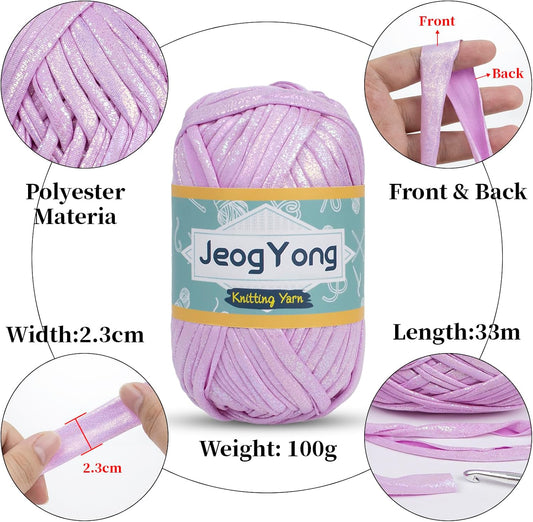 JeogYong 2 Skein Metallic T-Shirt Yarn, 2 x 100g(2 x 36yd) Polyester Knitting Fabric Ribbon Yarn, Chunky Crochet Tape for Crocheting Bags, Baskets, Home Decor, DIY Crafts (Light Pink)