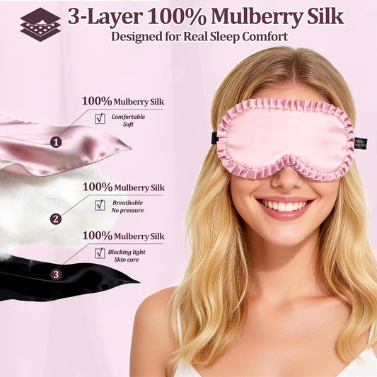 Silk Sleep Mask for Women, 100% Mulberry Silk Eye Mask, All-Silk Filled, Adjustable Elastic Strap with Elegant Wave Trim, Blackout Soft Eye Cover, Travel & Gift (Pink)