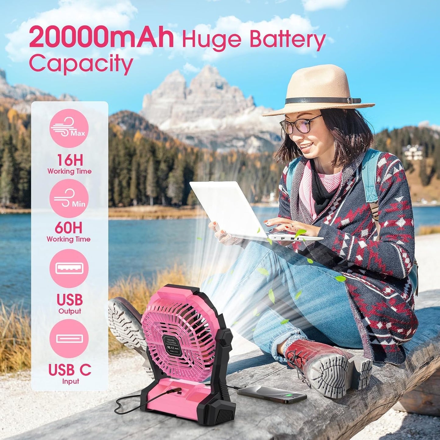 ONLYNEW Portable Fan Rechargeable, 20000mAh Cordless Battery Powered Table Fan with LED Lantern, USB C Battery Operated for Camping Tent Office Beach Desk Fishing Travel Home