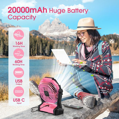 ONLYNEW Portable Fan Rechargeable, 20000mAh Cordless Battery Powered Table Fan with LED Lantern, USB C Battery Operated for Camping Tent Office Beach Desk Fishing Travel Home