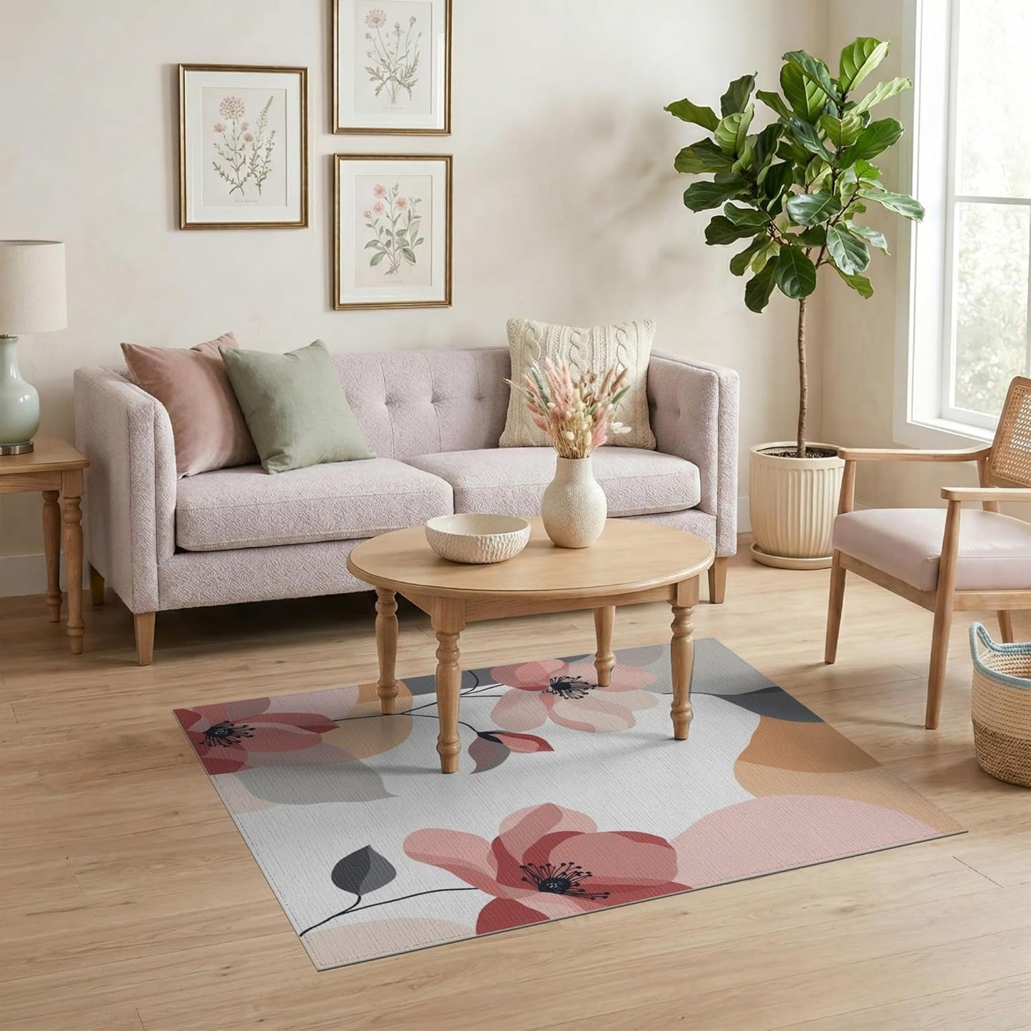 4'x6' Washable Modern Floral Accent Rug, Peach Non-Shedding Small Carpet Pet Friendly & Kids Safe Play Mat for Playroom, Bedroom, Reading Nook | Ref:2039600