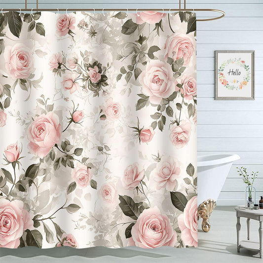 Moslion Pink Rose Flower Green Leaf Shower Curtain 72x72 Inch Bathroom Curtains Set Home Waterproof Polyester Fabric with Hooks
