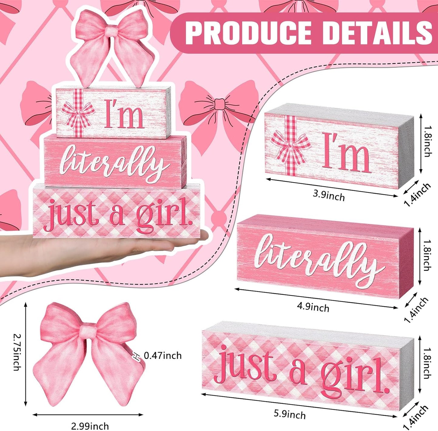 Yousoontic 4 Pcs Pink Decorations Bow Wooden Table Decor Coquette Tiered Tray Signs Girly Rustic Farmhouse Centerpiece for Holiday Tabletop Bedroom Decor for Home Desk Room