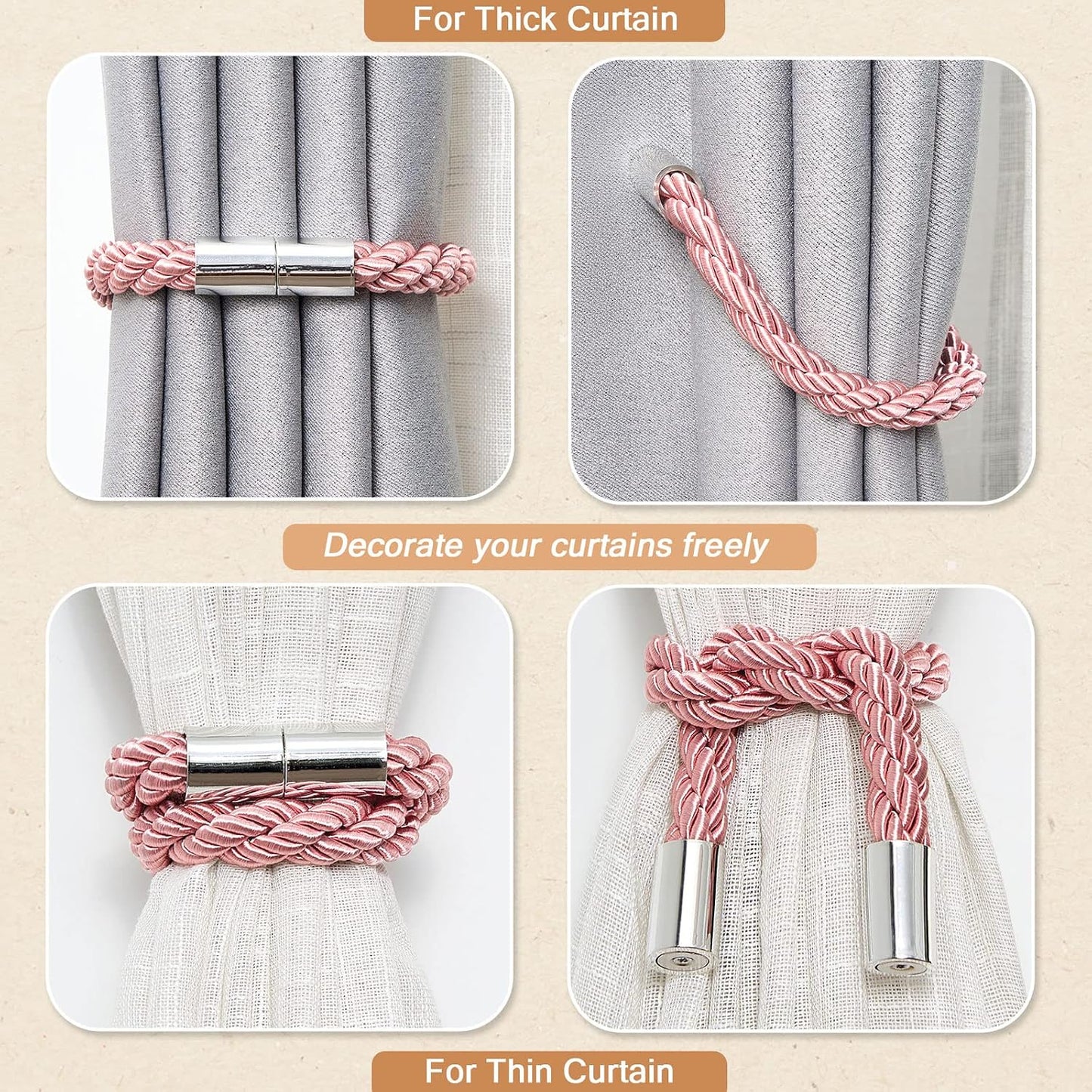 NICEEC 2 Pack Strong Magnetic Curtain Tiebacks Modern Simple Style Drape Tie Backs Convenient Decorative Weave Rope Curtain Holdbacks for Thin or Thick Home & Office Window Draperies (Pink)