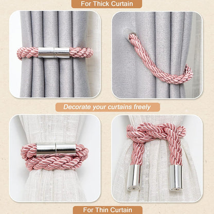NICEEC 2 Pack Strong Magnetic Curtain Tiebacks Modern Simple Style Drape Tie Backs Convenient Decorative Weave Rope Curtain Holdbacks for Thin or Thick Home & Office Window Draperies (Pink)
