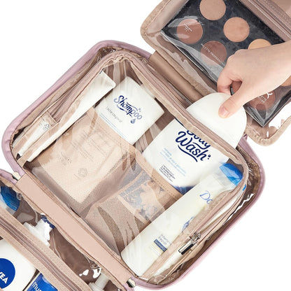 NISHEL Travel Toiletry Bag for Women, Makeup Essentials Organizer, Hanging Case for Accessories, Cosmetics, Large Size, Peach Pink
