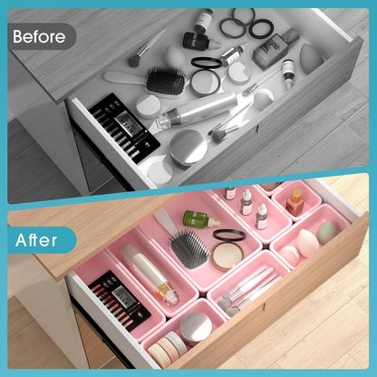 10 PCS Drawer Organizer Set, 4 Size Makeup Drawer Divider Organizer With Non-Slip Pads, Interlocking Plastic Storage Bins for Office,Jewelry Vanity,Gadgets, Bathroom,Kitchen, Pink
