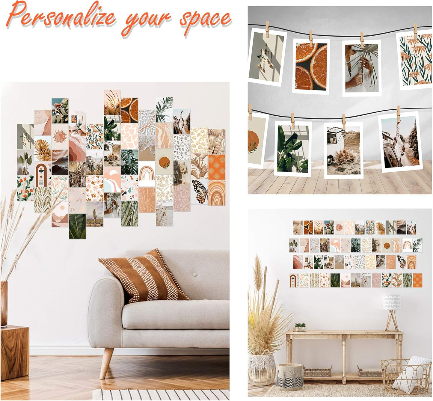 50PCS Boho Aesthetic Pictures Wall Collage Kit, Peach Teal Photo Collection Collage Dorm Decor for Girl Teens and Women, Orange Boho Wall Prints Kit, Small Posters for Room Bedroom Aesthetic