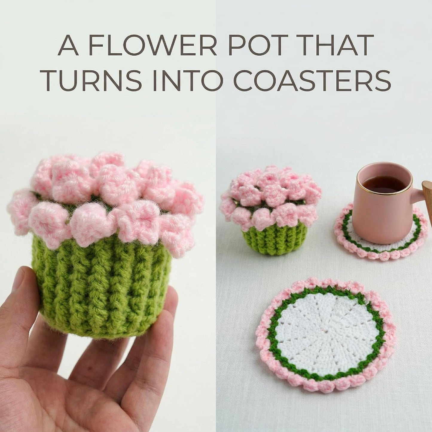 Handmade Crochet Lily Coaster Pink Foldable Flower Design with Pot Transforms from Drink Protection to Decorative Display for Kitchen Table Home Office Gift