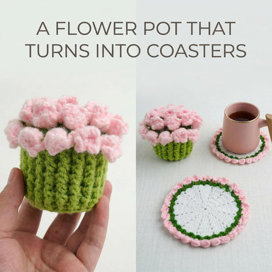 Handmade Crochet Lily Coaster Pink Foldable Flower Design with Pot Transforms from Drink Protection to Decorative Display for Kitchen Table Home Office Gift