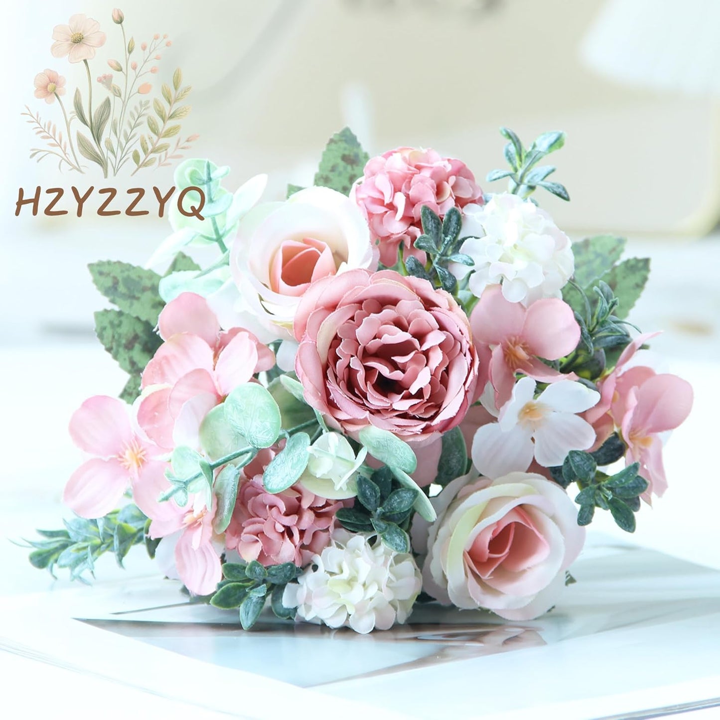 8 Pack Artificial Peony Flowers, Silk Peonies Flowers Fake Peonies Artificial Flowers Peonies Hydrangea Bouquet for Centerpiece Table Wedding Party Home Decor (8, Pink + White)