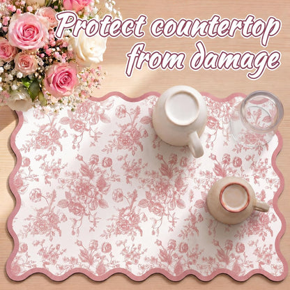 Scalloped Chinoiserie pink floral Dish Drying Mat 12"x20" Absorbent Coffee Mat Cuttable Hide Stain Non-slip Drying for Kitchen Counter Coffee Maker Espresso Machine