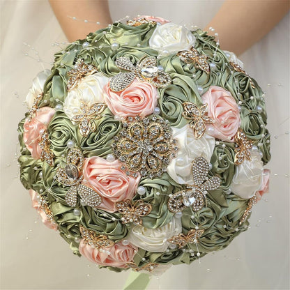 Handmade Rhinestone Bridal Bouquet for Wedding Round Tossing Bouquet Artificial Flower Bunch for Bride Bridesmaid (Sage+Ivory+Peach Pink, Small (Dia. 7.5"/18cm))