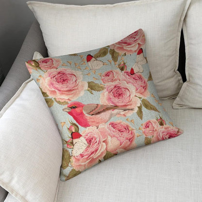 Linen Pillow Case Blue Pink Rose Bird Pattern 18x18 Inch Double Sided Decorative Cushion Cover for Sofa Bed Chair Car