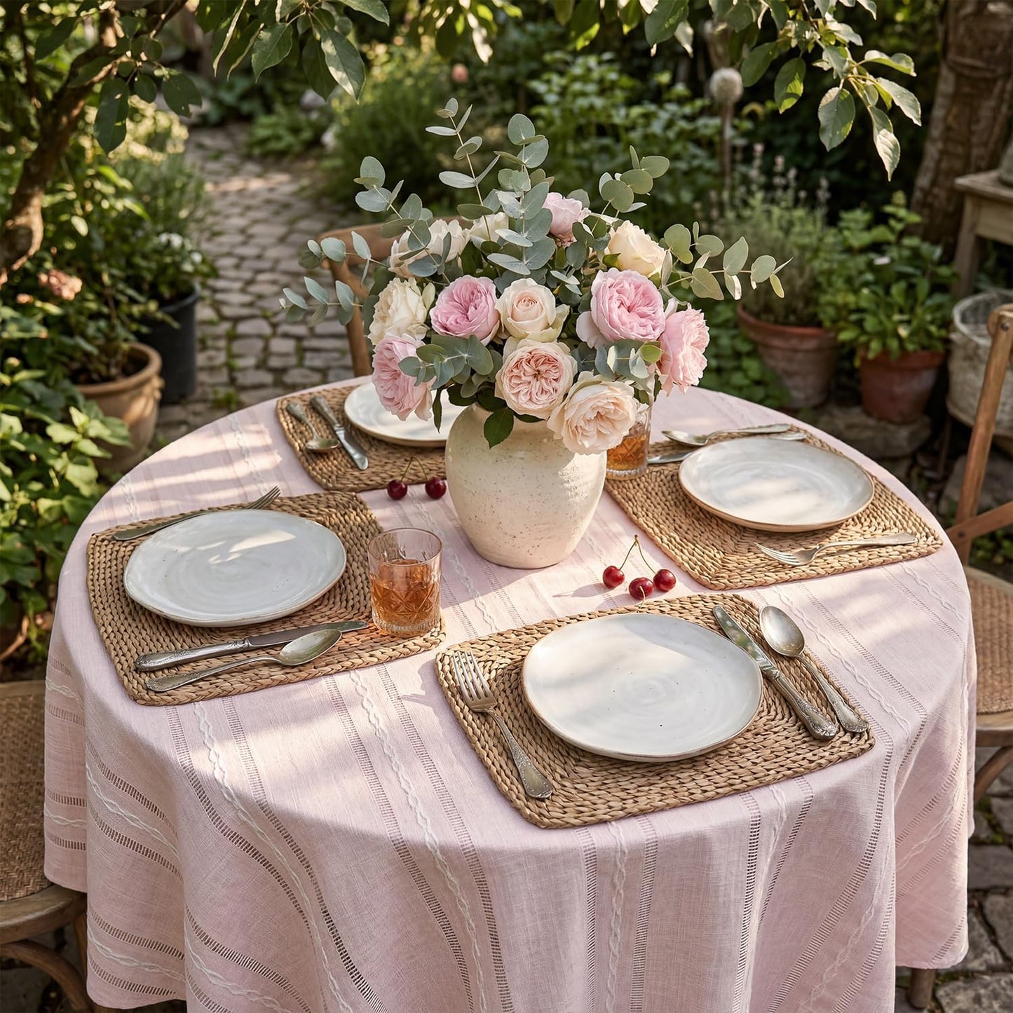 Horaldaily Pink Cotton Blend Tablecloth 60×60 Inch Round, Farmhouse Style, Wrinkle Resistant Washable Table Cloth, Hemstitched Embroidery Table Cover for Home