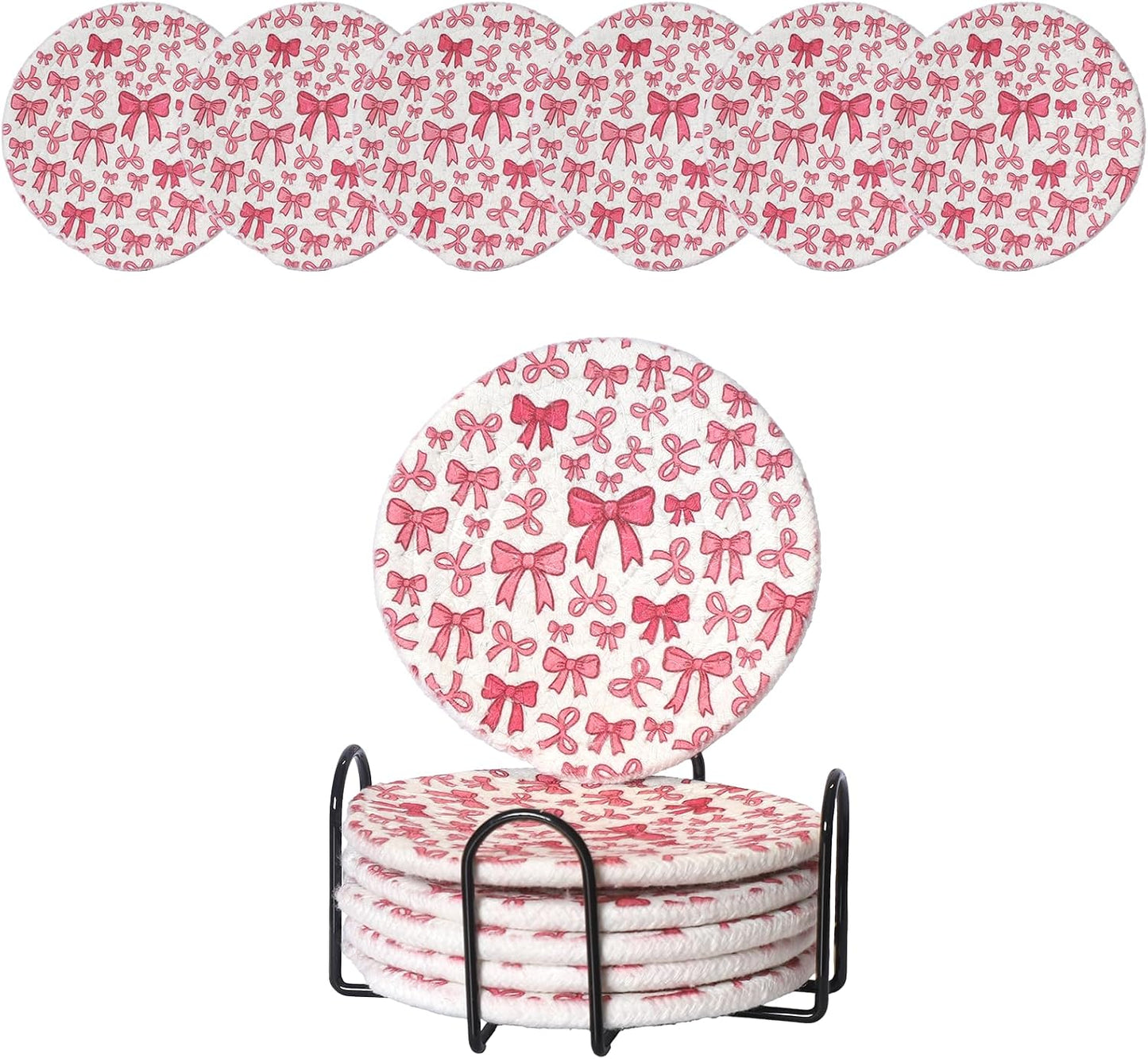Absorbent Coasters for Drinks, Scratch-Resistant Woven Cotton Coaster Set of 6 with Holder, Pink Bow Coquette Aesthetic Decor for Coffee Table & Office Desk, Cute Kawaii Preppy Room Decor