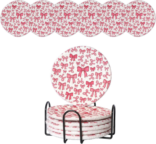 Absorbent Coasters for Drinks, Scratch-Resistant Woven Cotton Coaster Set of 6 with Holder, Pink Bow Coquette Aesthetic Decor for Coffee Table & Office Desk, Cute Kawaii Preppy Room Decor