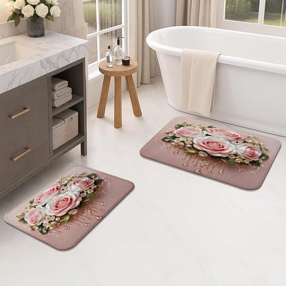 Rose Floral Quick Dry Bath Mat, Elegant Peach Flowers Decorative Non Slip Shower Mat, Spring Flowering Washable Bath Rugs for Bathroom Toilet Restroom 16x24 Inch