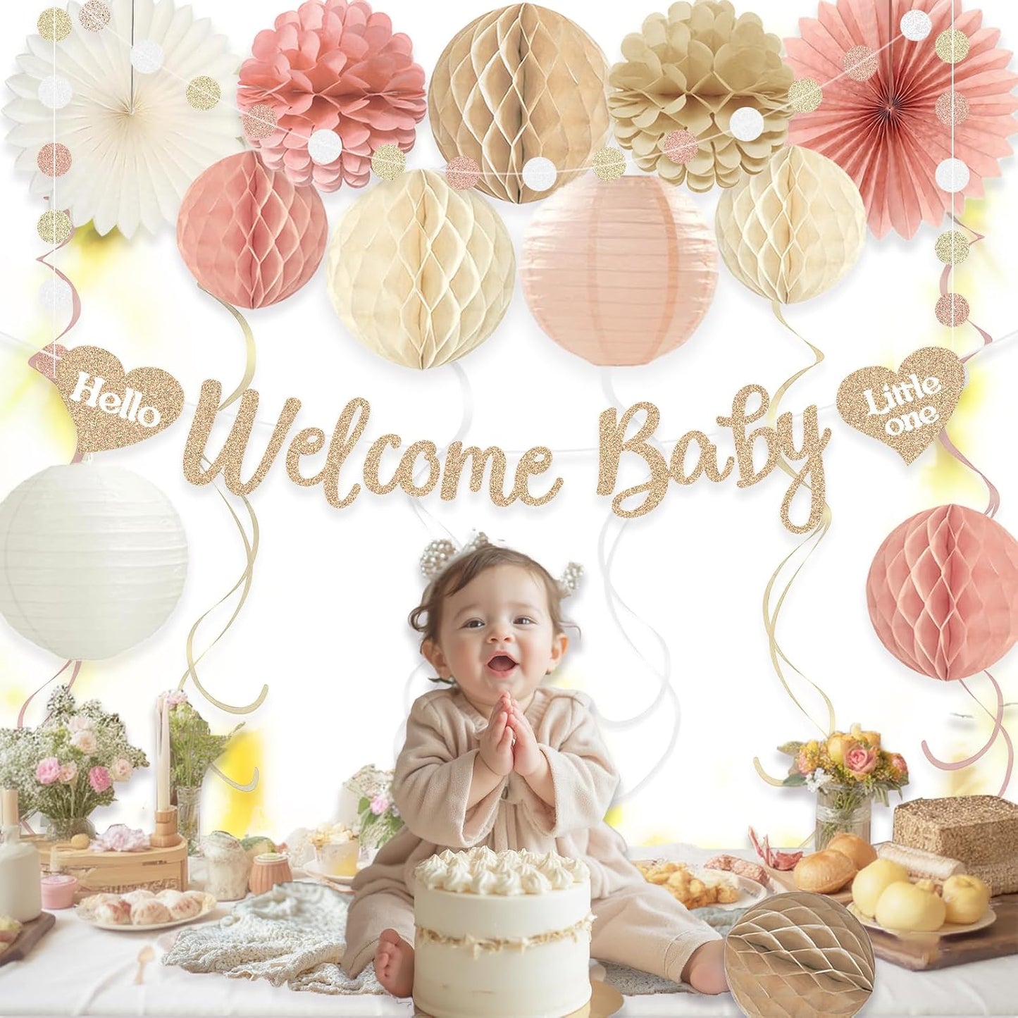 Ivory Blush Pink Baby Shower Decorations for Girl, Pre-Strung, 24pcs | Welcome Baby Banner, Honeycomb Balls, Paper Flowers, Lanterns, Fans, Streamers, Dots Garland for Girl Baby Shower Decorations
