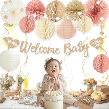 Ivory Blush Pink Baby Shower Decorations for Girl, Pre-Strung, 24pcs | Welcome Baby Banner, Honeycomb Balls, Paper Flowers, Lanterns, Fans, Streamers, Dots Garland for Girl Baby Shower Decorations