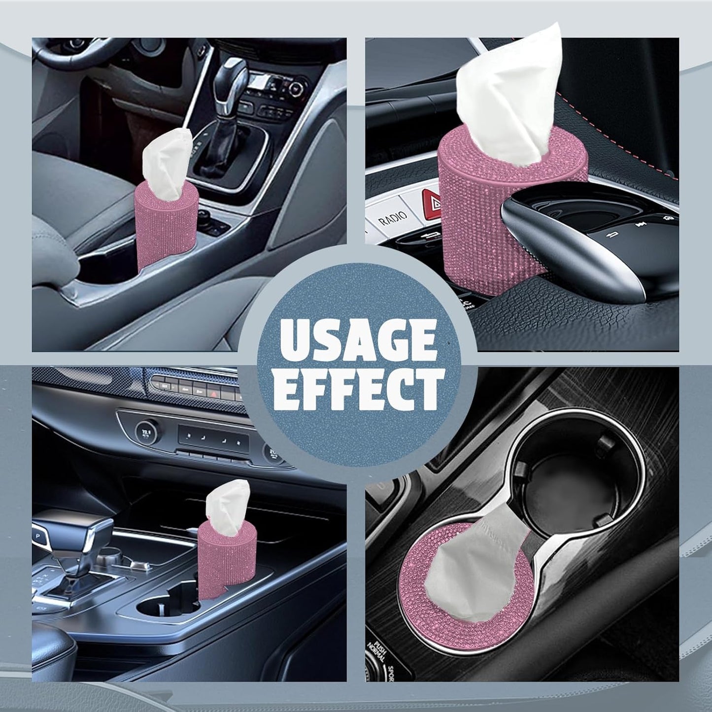 Bling Car Tissue Holder for Cup Holder – Sparkly Rhinestone Round Tissue Dispenser with 1 Pack Tissues – Fits Standard Auto Cup Holders – Stylish Car Interior Accessory for Women(Pink)
