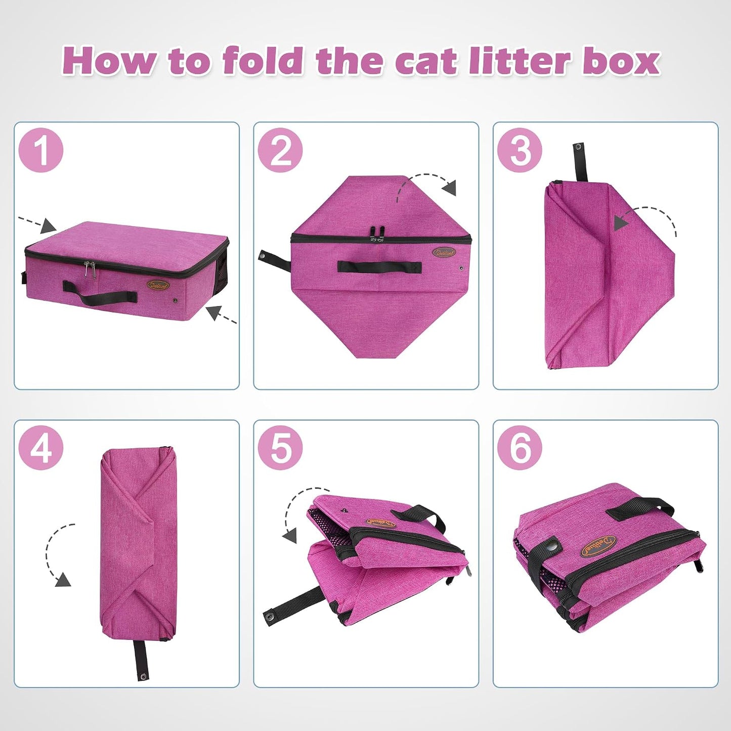Deblue Portable Cat Travel Litter Box in Car, Collapsible Cat Litter Carrier with Lid, Waterproof Foldable Litter Box for Outdoor Fit for Large Cats, Leak-Proof, Sturdy, Lightweight-Pink