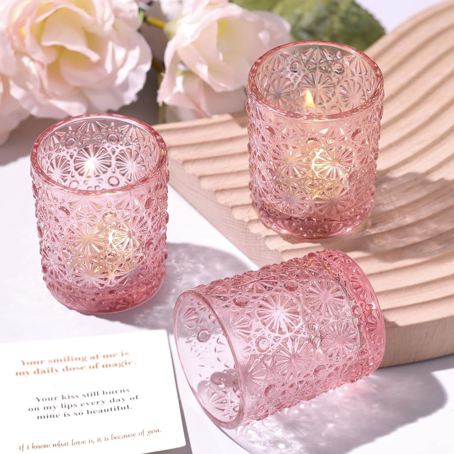 Lanttu 12 Pcs Pink Votive Candle Holders 2.2ʺ*2.6ʺ Tealight Candle Holders | for Wedding Table Centerpieces, Birthday Parties, Anniversary, Pink Bridal Shower and Holiday Decorations
