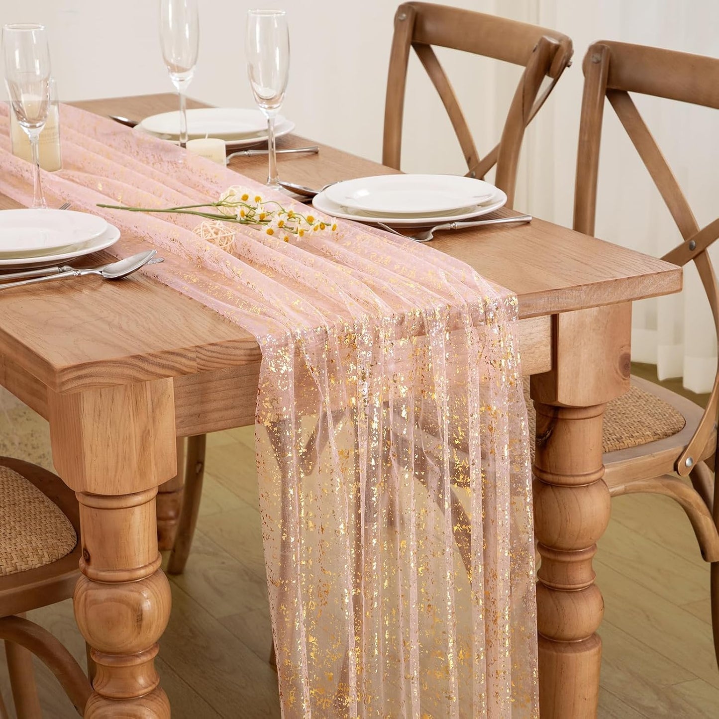 P Pothuiny 2 Pcs Light Pink Table Runner 28 x 120 Inch, Glitter Metallic Foil Tulle Table Runner Party Golden Sheer Gauze Table Decor for Wedding Birthday Christmas Anniversary