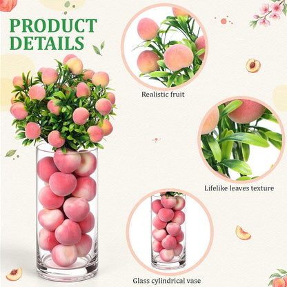 3 Set Artificial Peach Decor with 3 Glass Vase 6 Artificial Peach Branches and 60 Peaches, Plastic Plant Stem Ornament for Home Indoor Office Table Centerpieces Desk Decoration