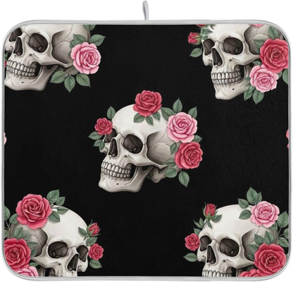 Skulls Pink Roses Black Dish Drying Mats Floral Pastel Absorbent Dish Dry Mat Kitchen Dishes Counter Mat, 18" x 24"