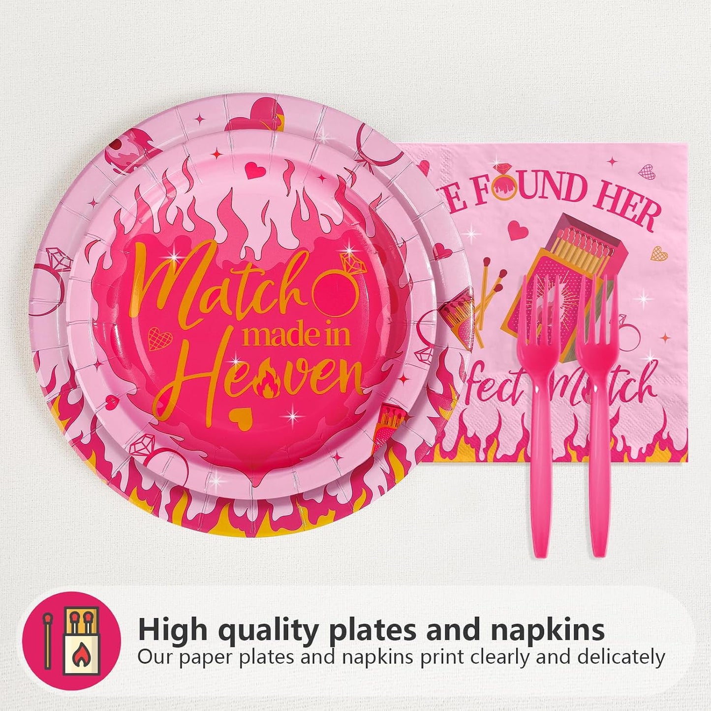 96Pcs Perfect Match Bachelorette Party Supplies She Found Her Perfect Match Plates and Napkins Hot Pink Matches Tableware Set for Bridal Shower Bachelorette Engagement Party Decor Serves 24