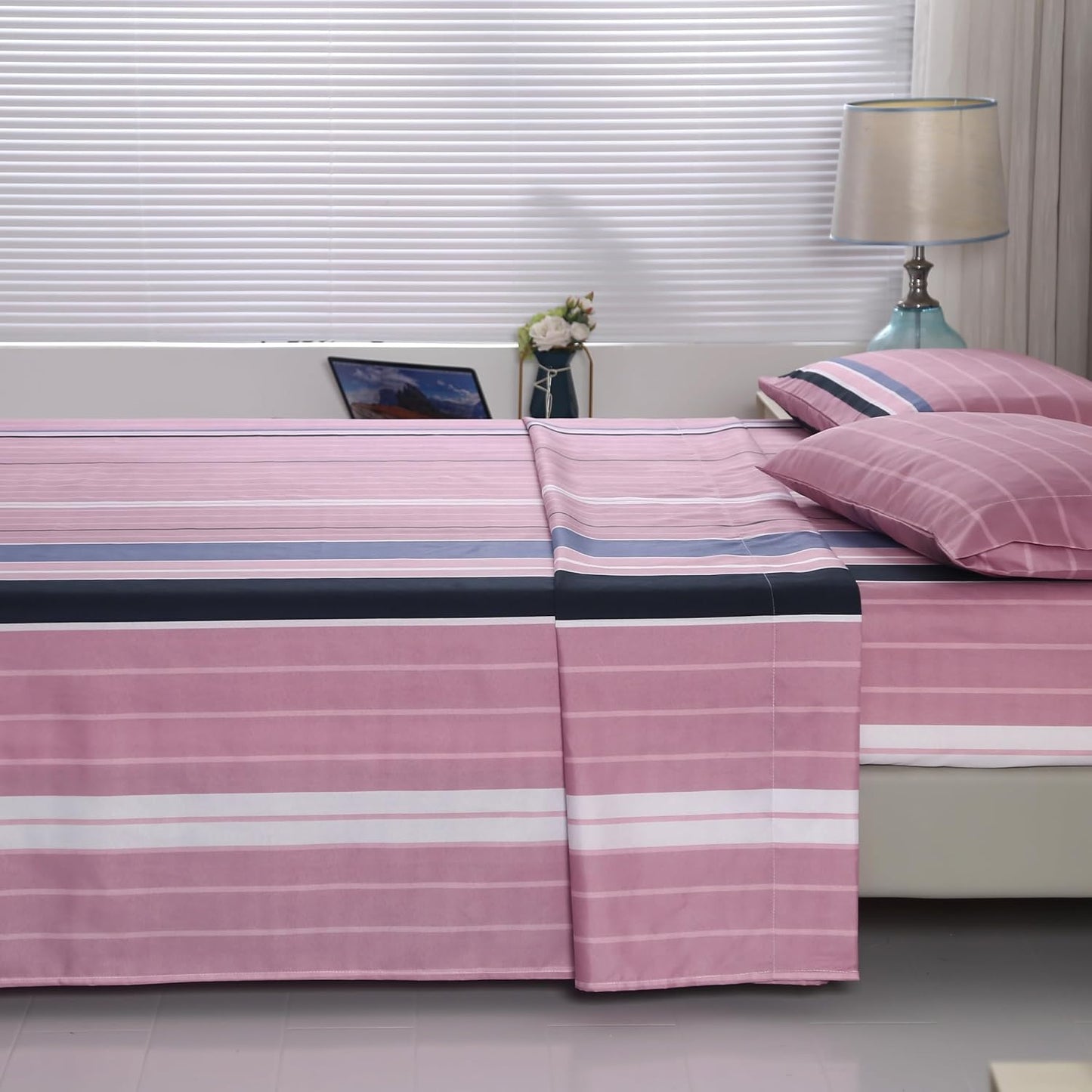 SDIII 4 Pieces Pink Striped Full Sheets Set, Soft Microfiber Striped Sheets Full Size Deep Pocket, Hot Pink Stripe Bed Sheet All Season