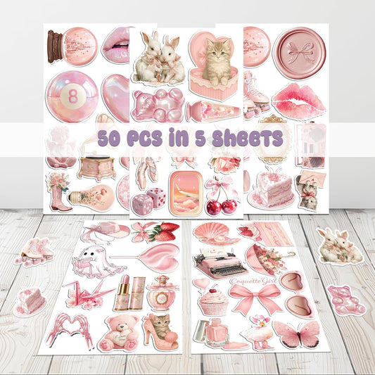 50 Pcs Coquette Stickers Cute Pink Aesthetic Sticker Waterproof Pastel Cute Bow Decals Water Bottle Laptop Journal Planner Scrapbook Phone Guitar Luggage Cup Gifts for Women Teens Girls