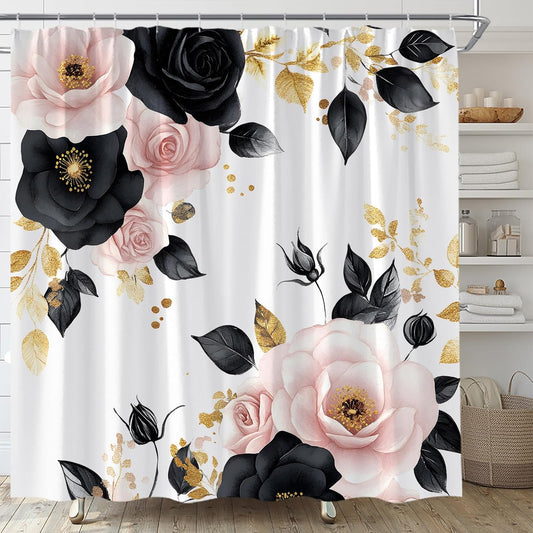 Pink and Black Flower Shower Curtain Black and Gold Leaf Vintage Rose Watercolor Floral Modern Aesthetic Palnt Bathroom Curtain Fabric with Hooks(70" WX70 H)