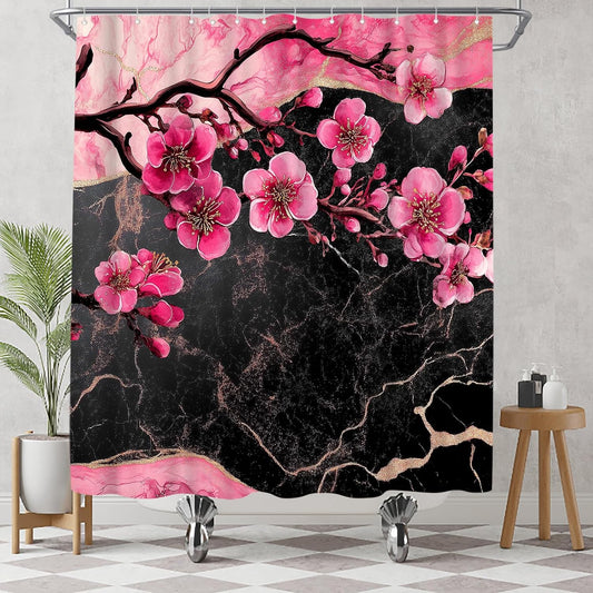 Cherry Blossom Shower Curtain - Black and Pink Floral Marble Bath Curtains - Waterproof Cloth Fabric with Hooks, 72x72 Inch