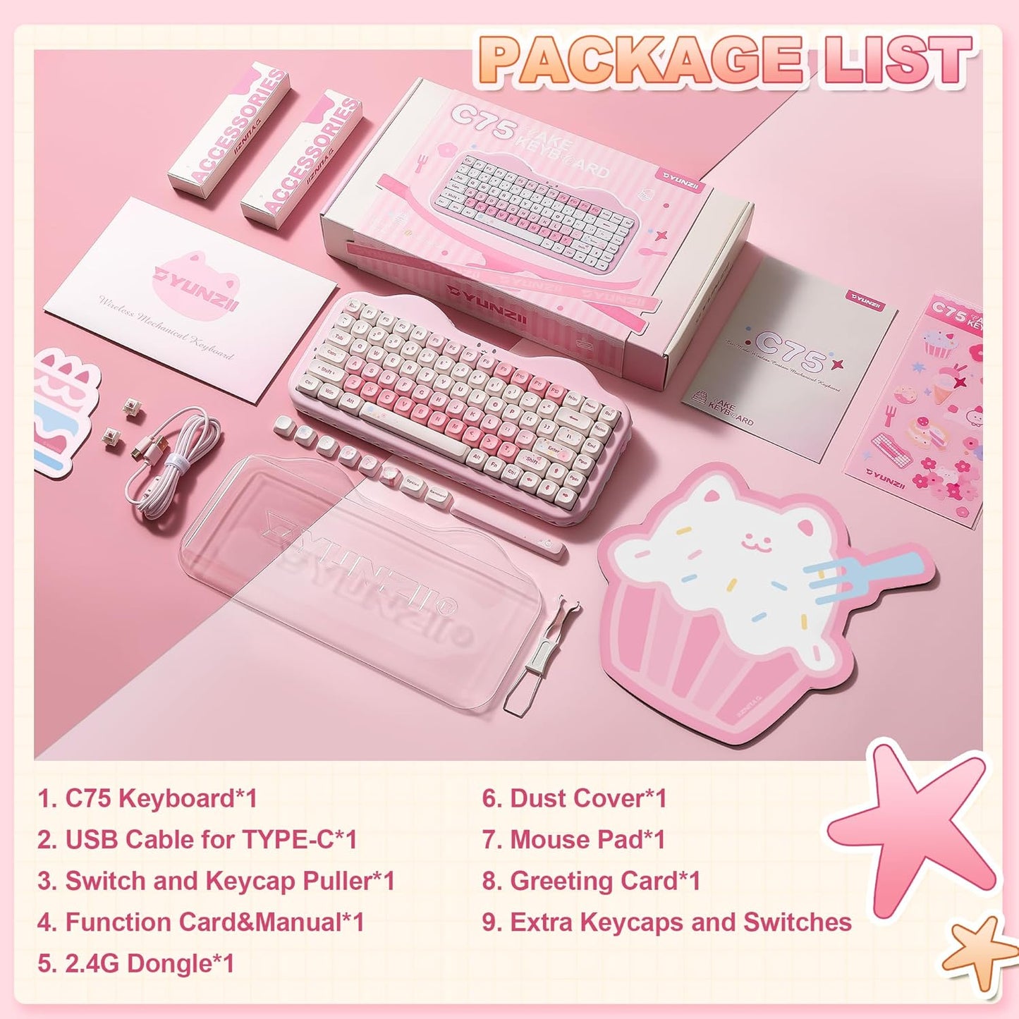 YUNZII C75 Wireless Mechanical Keyboard,75% Layout, Hot-Swappable NKRO,BT5.0/2.4G/USB-C Mode,Dye-Sub PBT MOA Keycaps,RGB Gasket Mount,Cute Cake Design for Mac/Win/Gaming (Pink, Candy Switch)