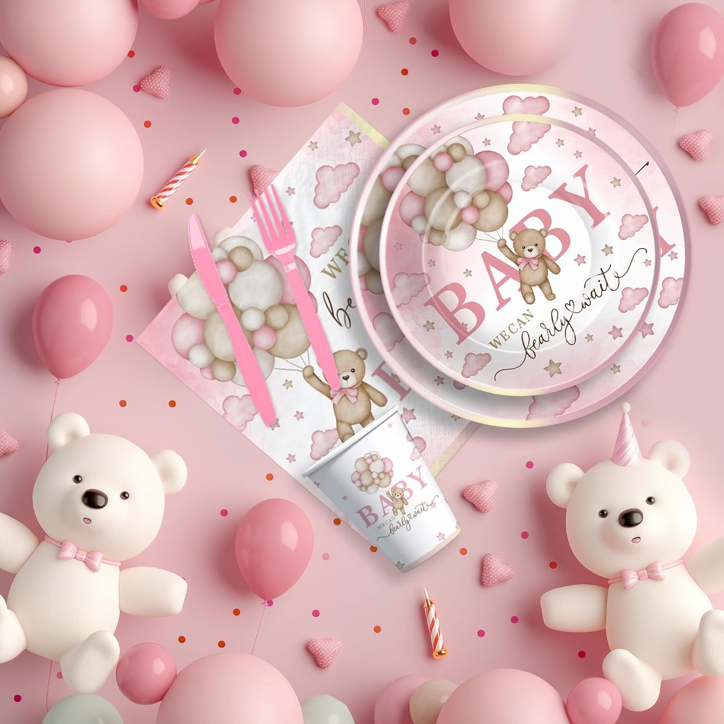 Pink Bear Baby Shower Decorations Tableware Girls - Bear We Can Bearly Wait Baby Shower Decorations Party Supplies, Paper Plate, Cup, Napkin, Tablecloth, Disposable Cutlery, Serves 24