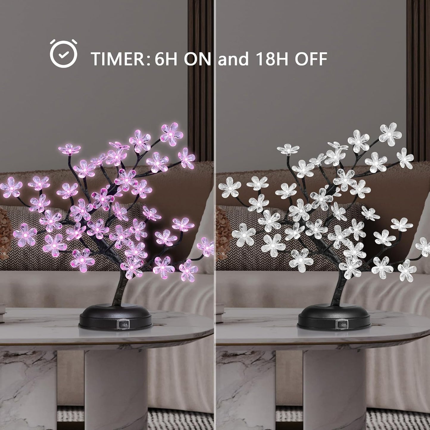 LIGHTSHARE 18-inch Crystal Flower LED Bonsai Tree, Pink Light, 36 LED Lights, Battery Powered or DC Adapter(Included), Built-in Timer