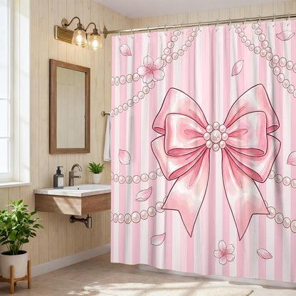 Bow Shower Curtain, Feminine Elegant Pearls Flowers Spring Peach Washable with Hooks Toile Cloth Shower Curtains for Bathroom Bathtub Apartment Decor 72x72 Inch