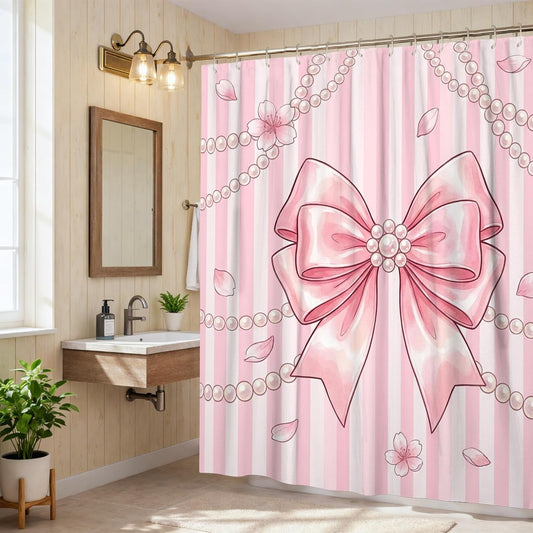 Bow Shower Curtain, Feminine Elegant Pearls Flowers Spring Peach Washable with Hooks Toile Cloth Shower Curtains for Bathroom Bathtub Apartment Decor 72x72 Inch