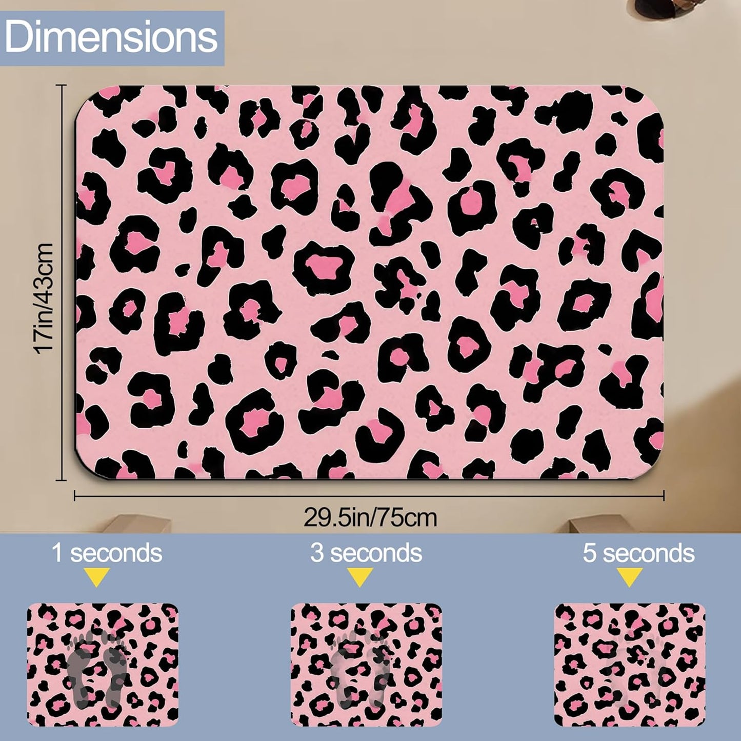 Bath Mats for Bathroom,Pink Leopard Print Bathroom Rugs,Modern Stylish Diatomaceous Bath Rug Quick Dry, Non Slip Super Absorbent Low Profile Doormat for Home Kitchen Patio 17 X 29.5 Inch