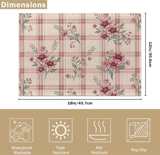 Placemats Set of 6, Cute Flowers Pink Linen Placemats 12x18 Inch, Heat Resistant Table Mats, Washable Non Slip Place Mats for Dining Table Kitchen Home