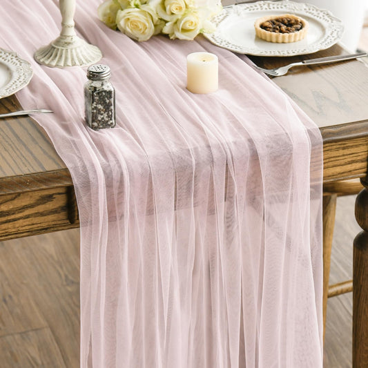 Artoid Mode Blushing Pink Gauze Table Runner 120 Inch 10FT, Seasonal Sheer Kitchen Dining Holiday Wedding Birthday Baby Shower Table Decor for Home Party