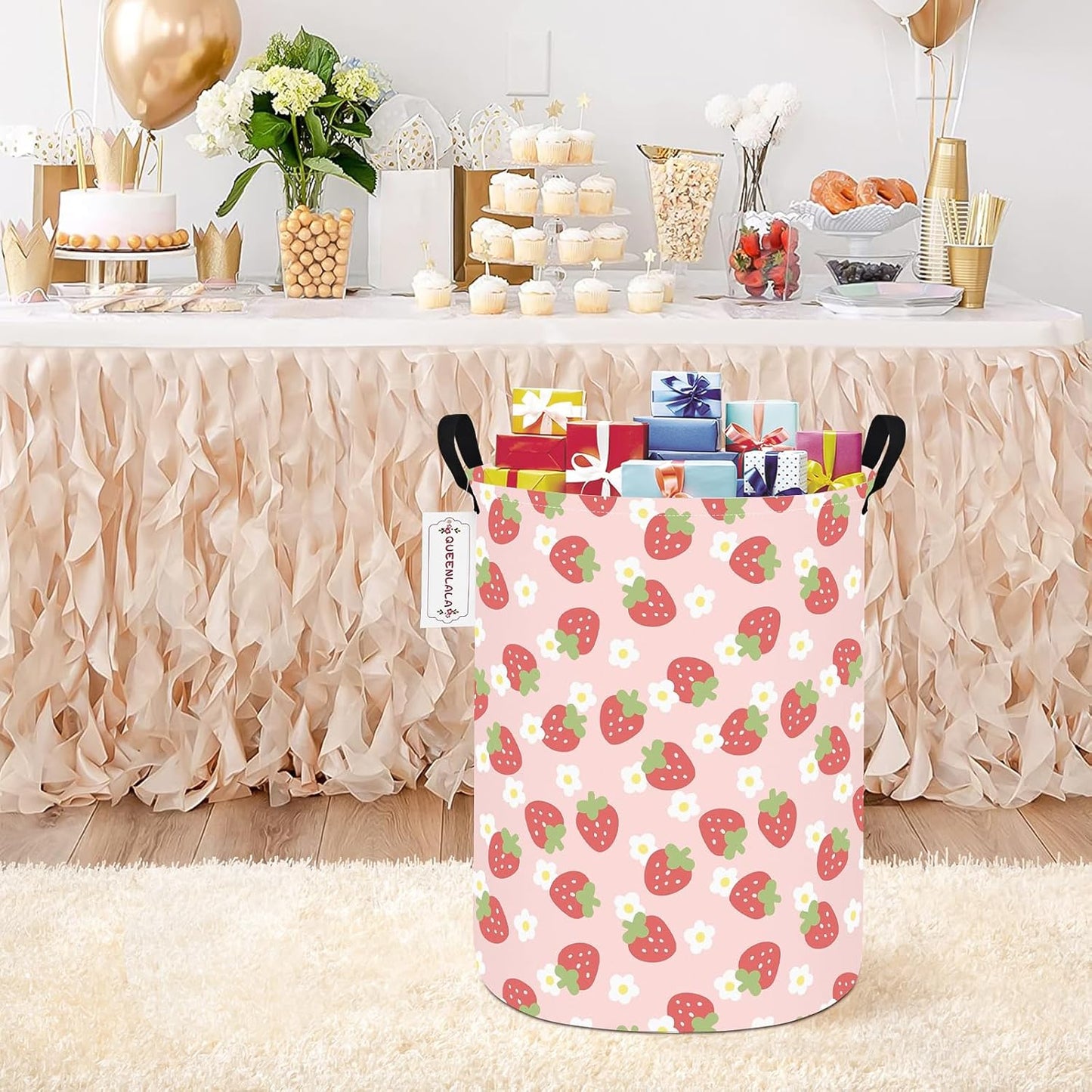 Round Waterproof laundry basket, Laundry Hamper for Nursery, Kids Toy Box Storage for Girls Boys, Diaper or plush toy gift basket, Foldable Fabric Basket(Round-Pink Strawberry)