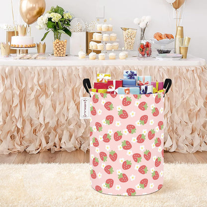 Round Waterproof laundry basket, Laundry Hamper for Nursery, Kids Toy Box Storage for Girls Boys, Diaper or plush toy gift basket, Foldable Fabric Basket(Round-Pink Strawberry)