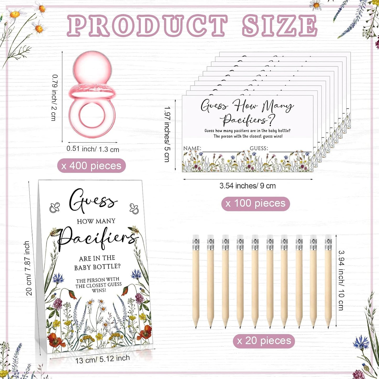 Roowest 512 Pcs Baby Shower Games Guess How Many Pacifiers Sign 100 Small Guessing Games 10 HB Pencils 750ml Milk Bottle 400 Acrylic Pacifiers Decoration for Guest Gender Reveal(Pink,Bloom)